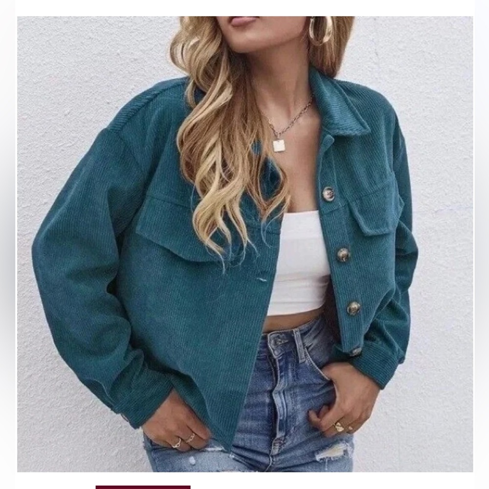Avec Les Filles Teal Corduroy Utility Jacket with Flap Pockets